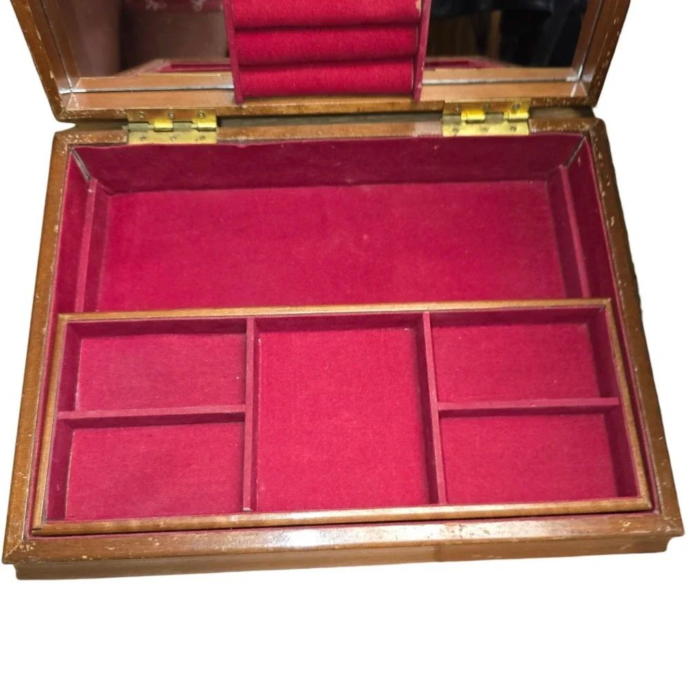 Vintage Jewelry Box Wood London Leather Co Floral Tapestry Red Velvet Lining